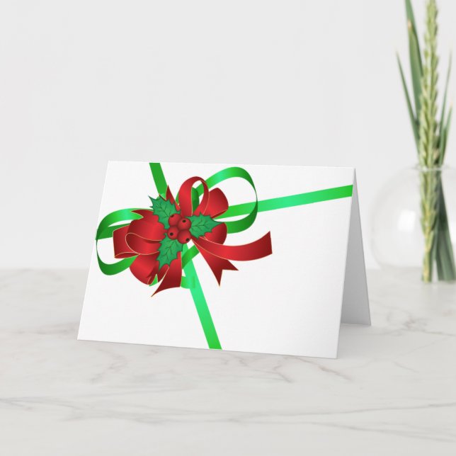 Cartão De Festividades Red Bow Green Ribbon Holly Berry Blank Christmas (Frente)