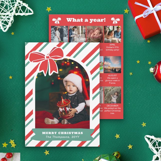 Cartão De Festividades Red Bow & Stripes Year In Review Merry Christmas (Criador carregado)