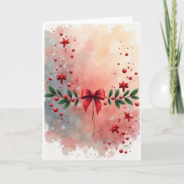 Cartão De Festividades Red Bow Winter Watercolor (Frente)