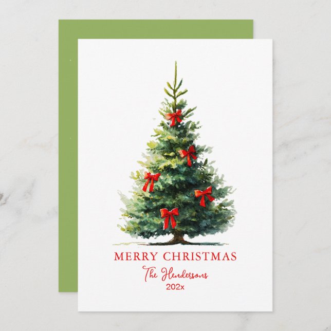 Cartão De Festividades Red Bows Ribbons Merry Christmas Tree Card (Frente/Verso)
