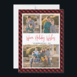 Cartão De Festividades Red Buffalo Check 3 Photo Collage Warm Wish<br><div class="desc">Este cartão de Natal com fotos planas oferece 3 fotos destacadas com uma borda de xadrez vermelha e preta para verificação de búfalos. O texto da caligrafia moderna diz: "Feriados Quentes". Fotografia © Storytree Studios,  Stanford,  CA.</div>