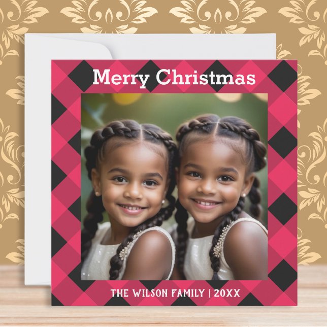 Cartão De Festividades Red Buffalo Check Photo Christmas Flat (A card with Merry Christmas words, to personalize with name(s), photo and year)