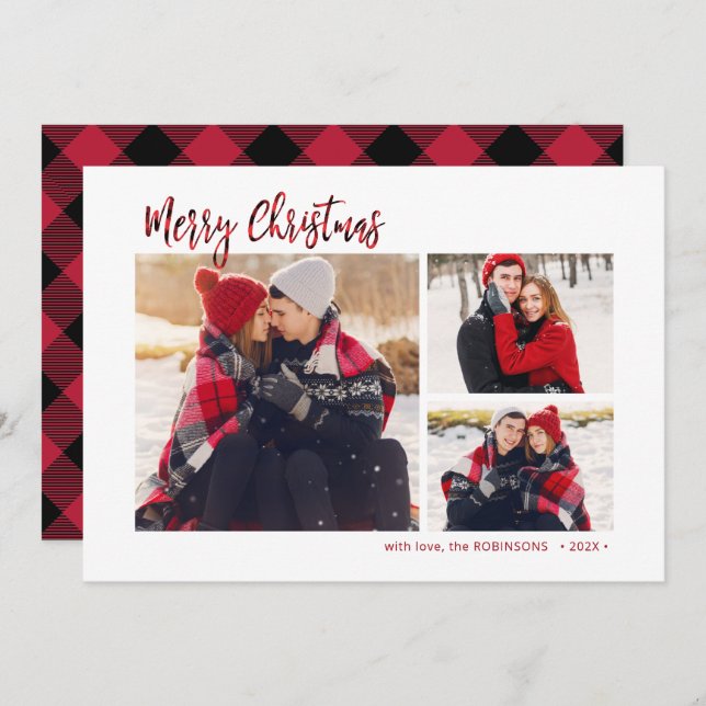 Cartão De Festividades Red Buffalo Xadrez Rustic 3 Multi Photo Christmas (Frente/Verso)