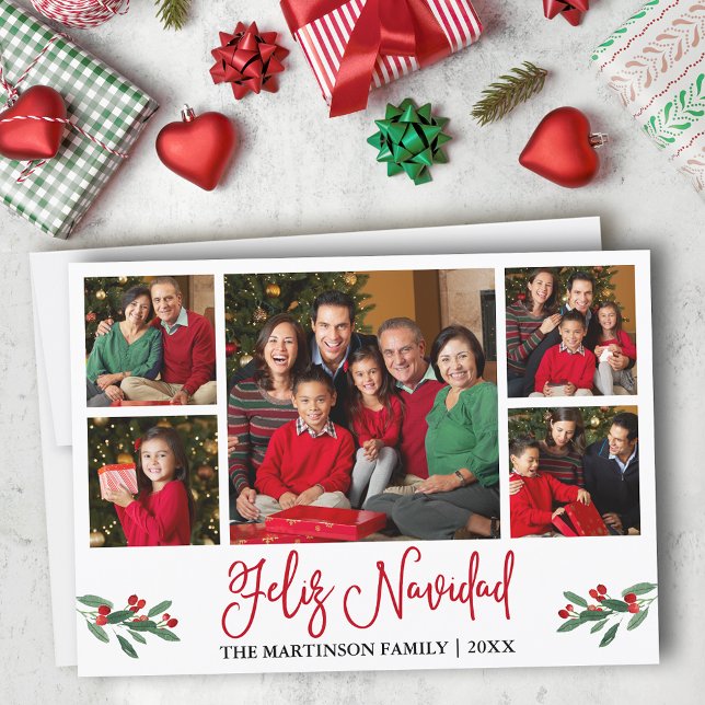 Cartão De Festividades Red Calliographic 5 Foto Feliz Navidad (Customize to add text to back of card.)
