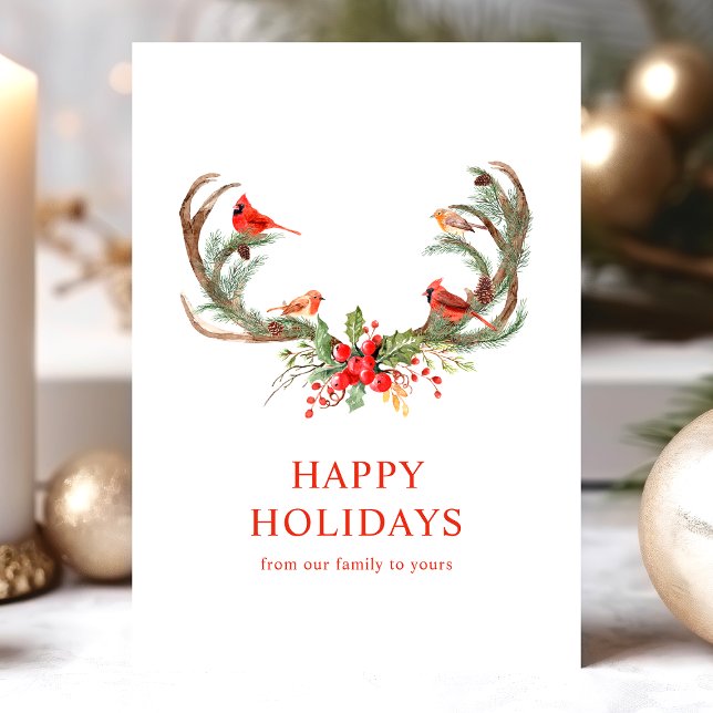 Cartão De Festividades Red Cardinal Birds Felizes Feriados Deer Antlers (Criador carregado)