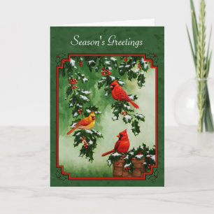 Cartão De Festividades Red Cardinals and Holly Green