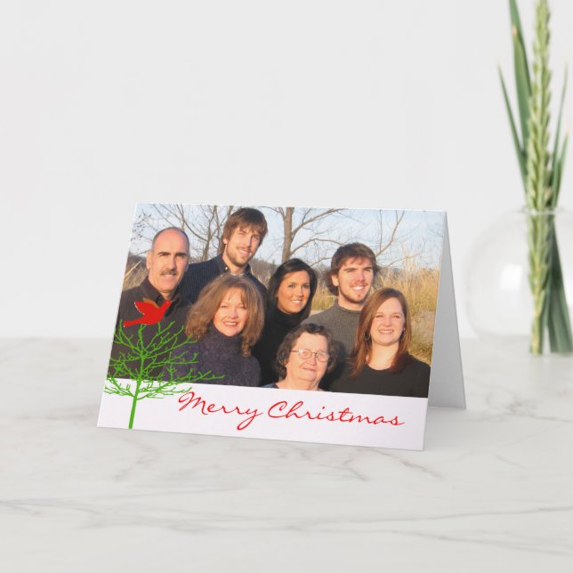 Cartão De Festividades Red Christmas Bird Green Tree Your Photo (Frente)