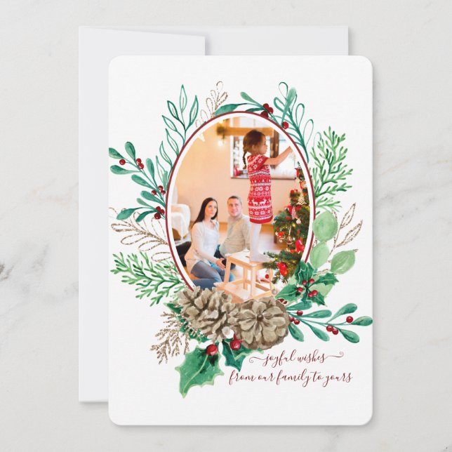 Cartão De Festividades Red Christmas Holly Berry Pine Cone Wreath w Foto (Frente)