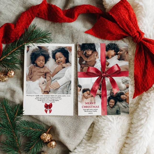 Cartão De Festividades Red Coquette Bow Christmas Winter 5 Photo (Red Coquette Bow Christmas Winter 5 Photo Holiday Card)