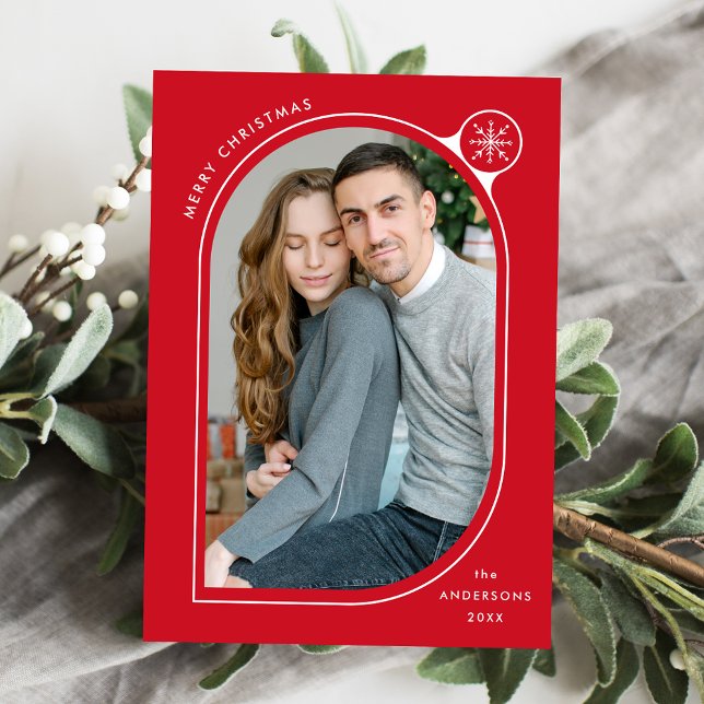 Cartão De Festividades Red Curved Frame Snowflake Photo (Criador carregado)