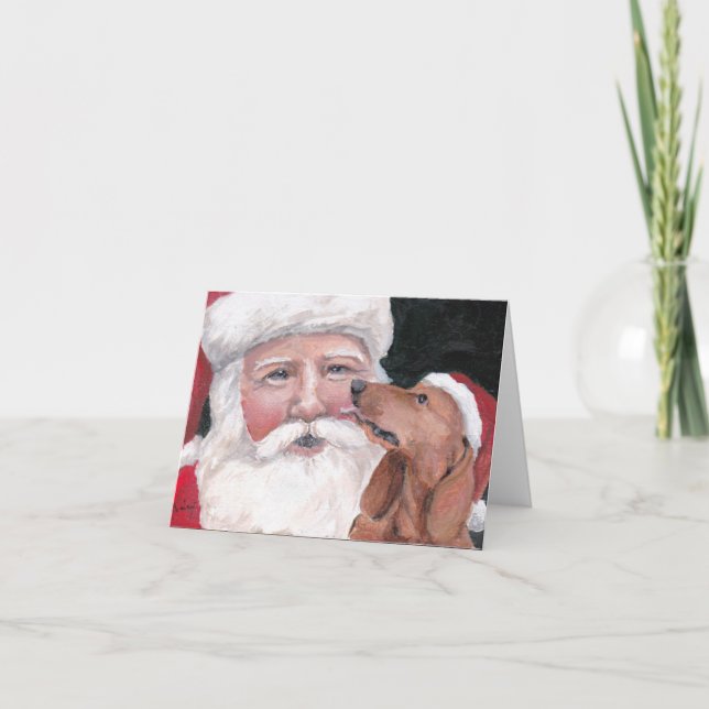 Cartão De Festividades Red Dachshund Kissing Santa Claus Dog Art Note Car (Frente)