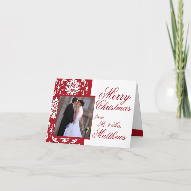 Cartão De Festividades Red Damask Newlywed Photo First Christmas Cards (Frente)