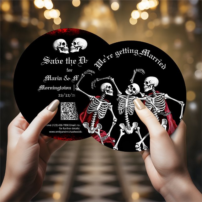 Cartão De Festividades Red Death Dancing Skeletons Casamento Gótico (Criador carregado)