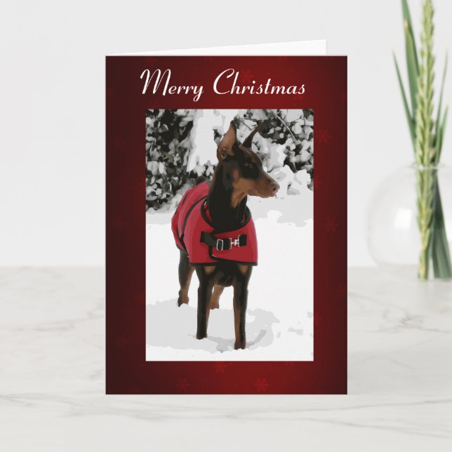 Cartão De Festividades Red Doberman in Snow Christmas Card (v9-2 Ribbon) (Frente)