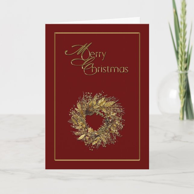 Cartão De Festividades Red Dourado Wreath Merry Christmas Card (Frente)