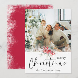 Cartão De Festividades Red Elegant Felry Script de Natal | Foto da famíli