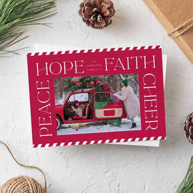 Cartão De Festividades Red Elegant Peace Hope Faith Anime a Foto de Natal (Red Christmas photo card with elegant typography, peace, hope, faith and cheer)