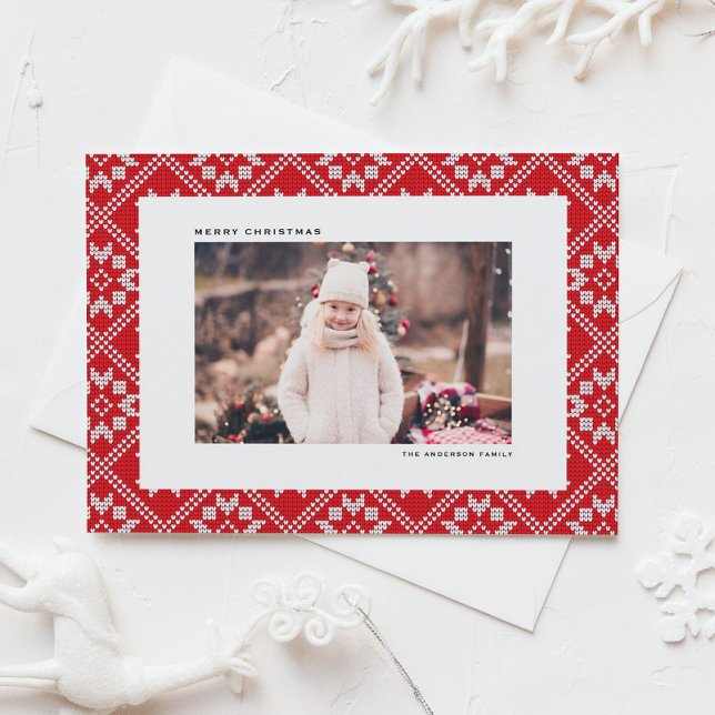 Cartão De Festividades Red Fair Isle Winter Knit Foto Natal (Red Fair Isle Winter Knit Pattern Photo Christmas Holiday Card)