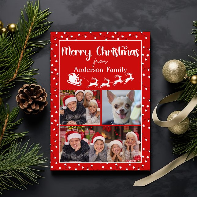 Cartão De Festividades Red Felry Christmas Lights Three Photo Collage (Criador carregado)