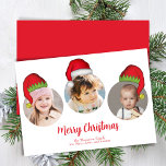 Cartão De Festividades Red Felry Photo Santa Hats<br><div class="desc">Capture a alegria da temporada com nosso cartão de feriado de colagem de fotos do Feliz Natal, apresentando três das suas memórias favoritas. Este simples, porém fofo design destaca a festiva tipografia vermelha em um roteiro de pincel lúdico, adorado com chapéus de Papai Noel para um toque extra divertido e...</div>