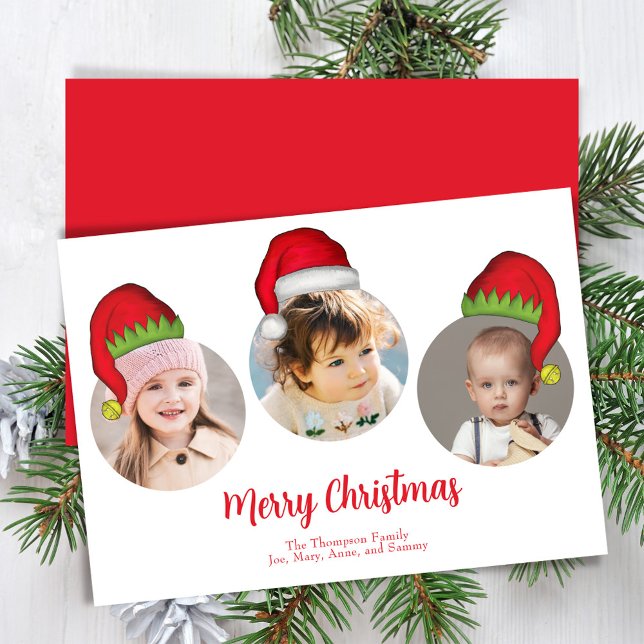 Cartão De Festividades Red Felry Photo Santa Hats (Merry Christmas holiday photo collage template. )