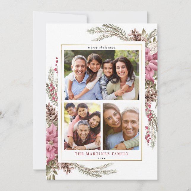 Cartão De Festividades Red Floral Modern Botânica Berry Feliz Natal (Frente)