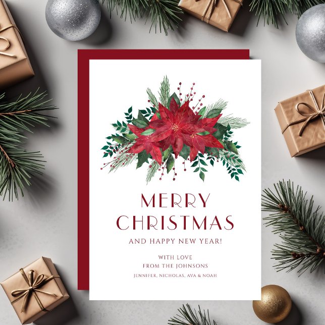 Cartão De Festividades Red Floral Poinsettia Feliz Natal (Elegant Red Floral Poinsettia Merry Christmas Holiday Card)