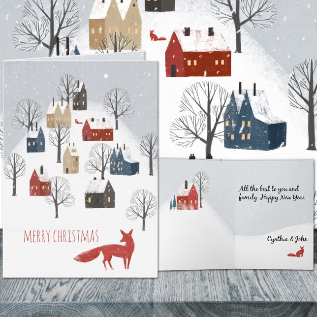 Cartão De Festividades Red Fox Snowy Nórdico Village Feliz Natal (Red Fox Snowy Nordic Village Merry Christmas Holiday Wraparound Graphics Folded Card in 2 sizes.)