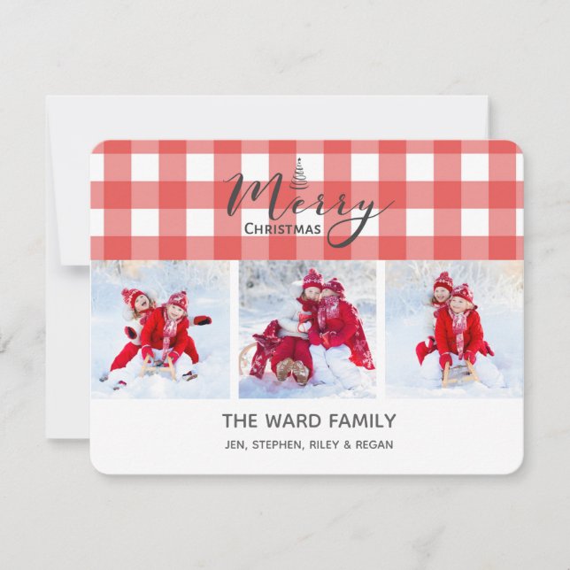 Cartão De Festividades Red Gingham 3-Photo Christmas Card (Frente)