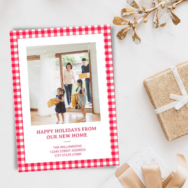 Cartão De Festividades Red Gingham Plaid New Home Moving Christmas Photo (Criador carregado)