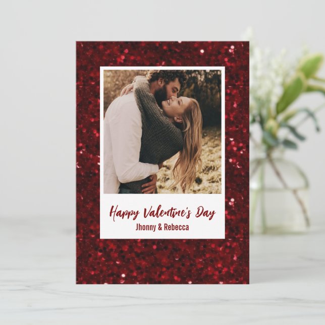 Cartão De Festividades Red Glitter Couple Photo Happy Valentine's Day  (Em pé/Frente)
