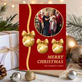 Cartão De Festividades Red & Gold Ornaments Family Christmas Photo
