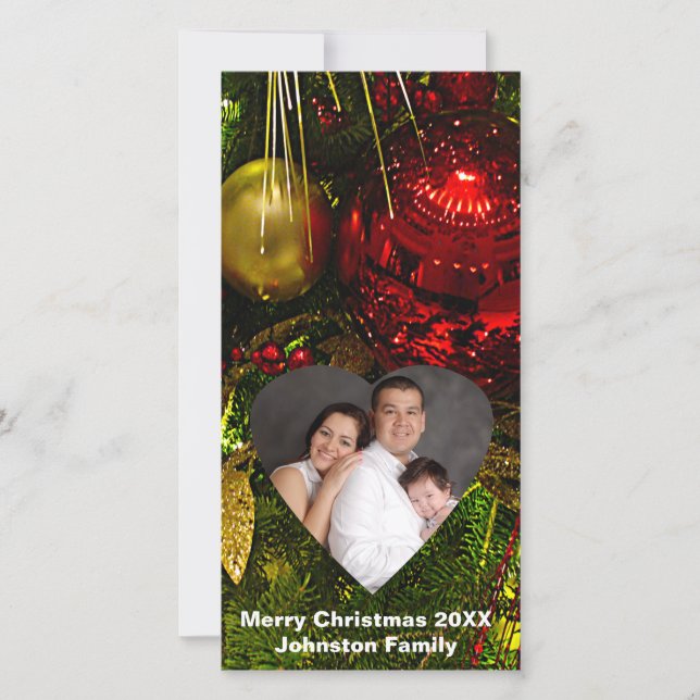 Cartão De Festividades Red & Gold Ornaments Tree Heart Frame Photo Card (Frente)