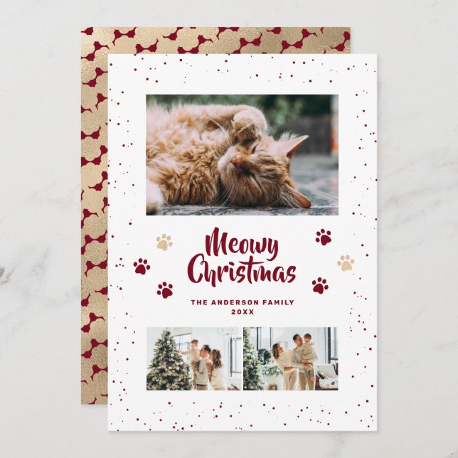 Cartão De Festividades Red Gold Photo Snow Paws Meowy Christmas Card (Frente/Verso)