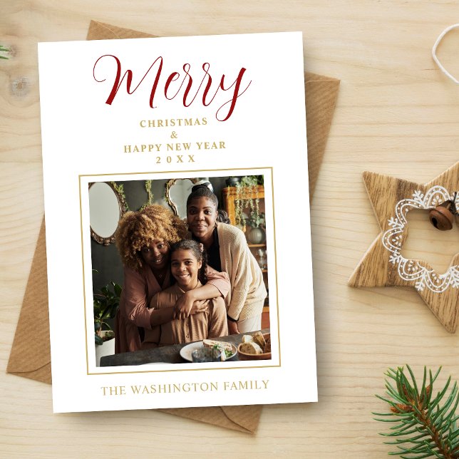Cartão De Festividades Red & Gold Simple Minimalist Merry Christmas Photo (Simple Minimalist Merry Christmas Photo Holiday Card with Envelope in Red and Fake Gold. )