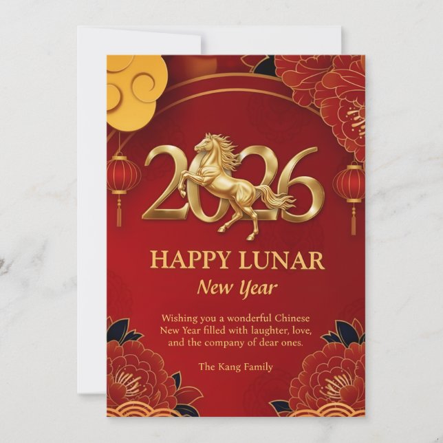 Cartão De Festividades Red Gold Zodiac 2026 Horse Chinese Lunar New Year  (Frente)