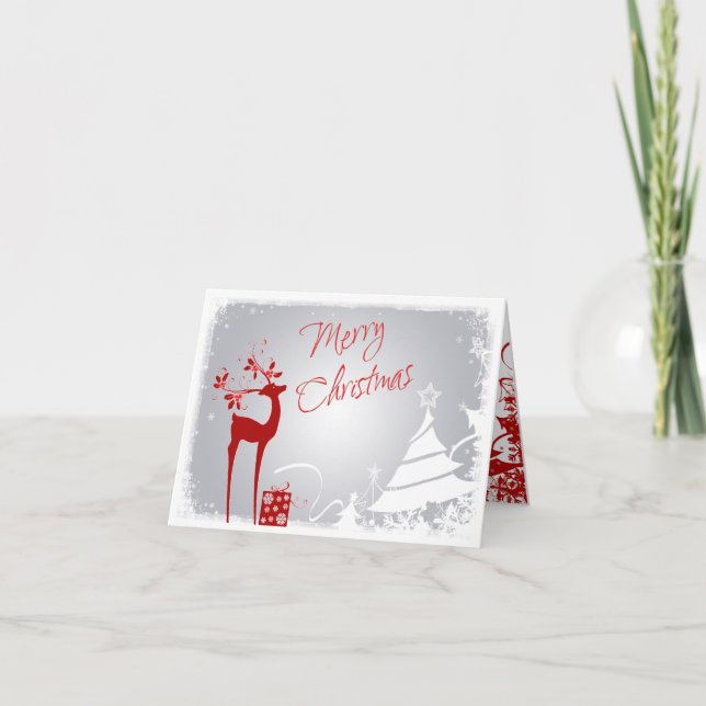 Cartão De Festividades Red, Gray Merry Christmas Trees & Deer Card (Frente)