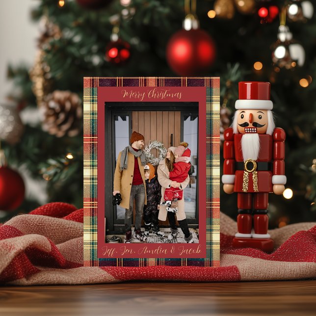 Cartão De Festividades Red Green Blue Tartan Christmas Photo Card (Criador carregado)