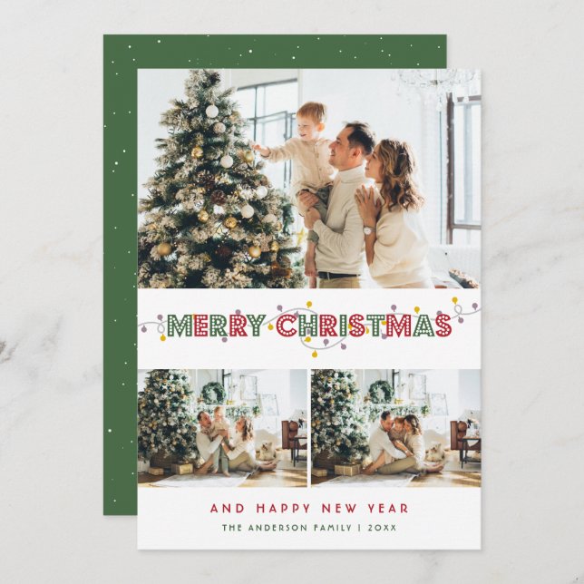 Cartão De Festividades Red Green Christmas Lights 3 Photo Collage (Frente/Verso)