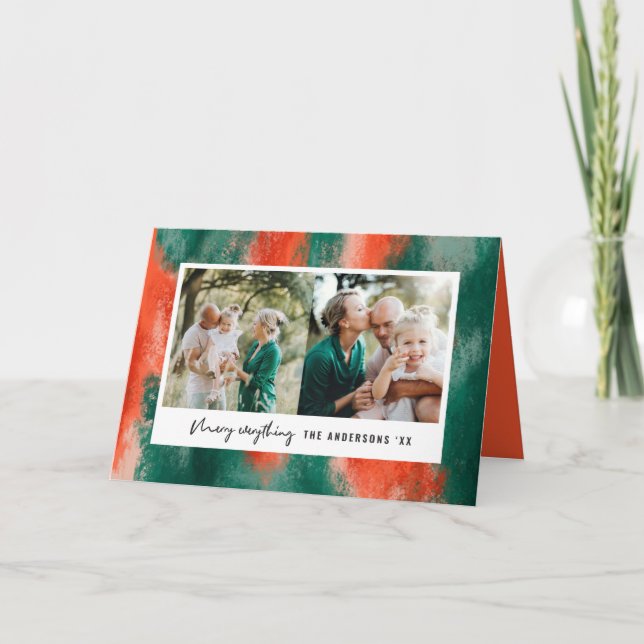 Cartão De Festividades Red + green modern abstract painted photo holiday (Frente)