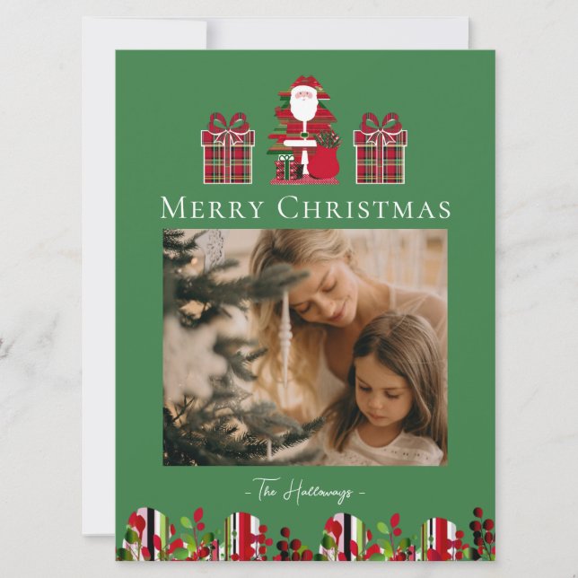 Cartão De Festividades Red Green Plaid Santa Wrapped Gifts Holiday Card (Frente)