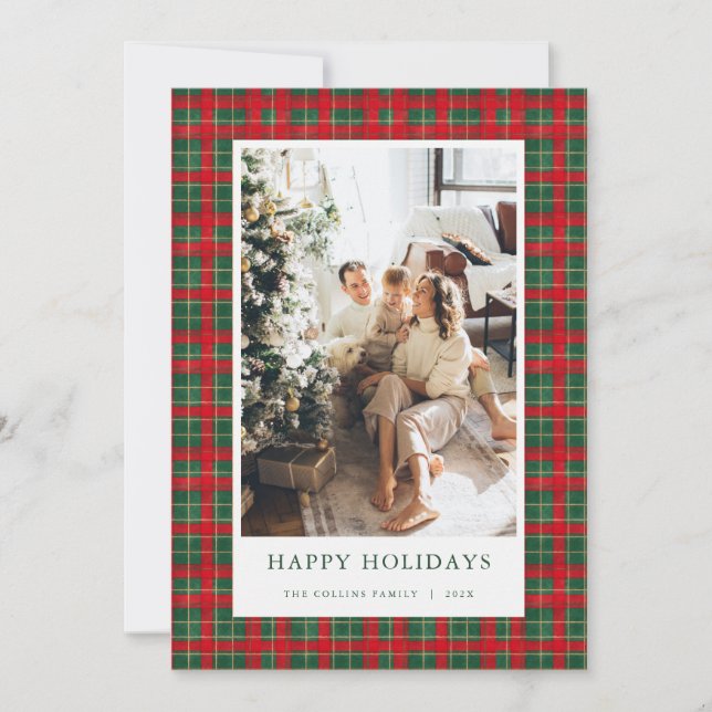 Cartão De Festividades Red & Green Tartan Christmas Photo Holiday Card (Frente)