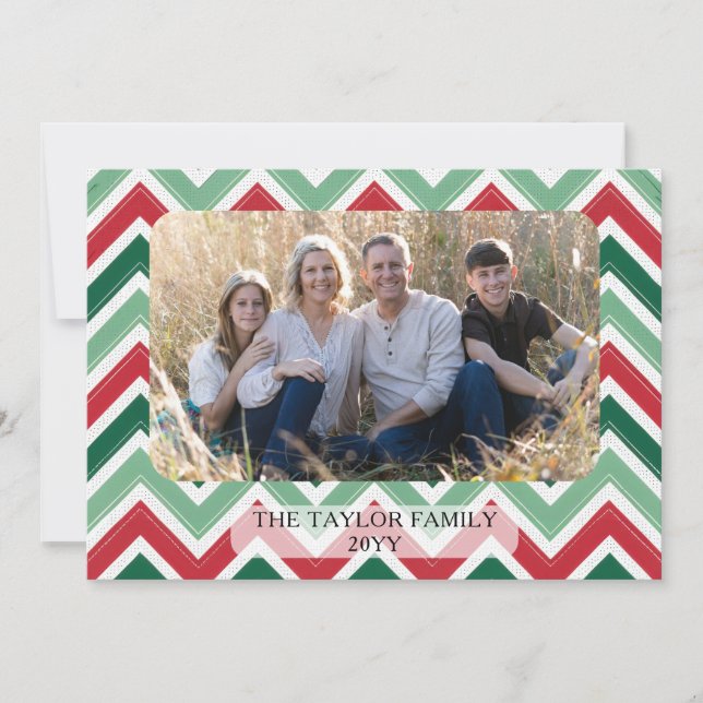 Cartão De Festividades Red Green Zig Zag Chevron Family Photo Christmas (Frente)