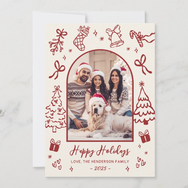Cartão De Festividades Red Hand-Drawn Doodle Arch Photo Christmas Happy (Frente)