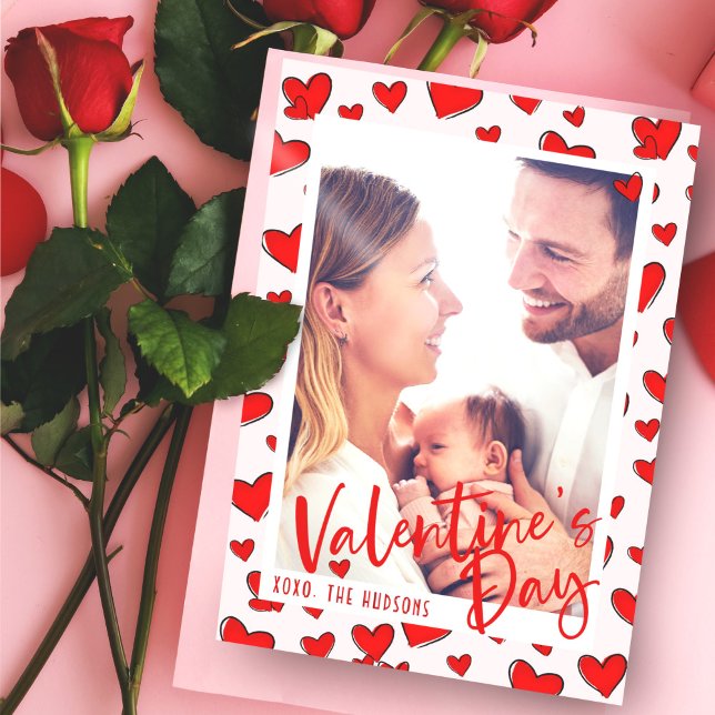 Cartão De Festividades Red Hearts Photo Pink Valentine's Day Holiday Card (Criador carregado)