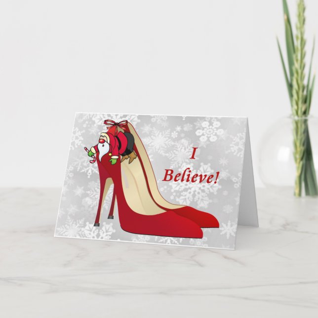 Cartão De Festividades Red High Heel Shoes / Santa Elf / I Believe! (Frente)