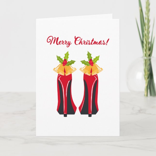 Cartão De Festividades Red High Heels with Christmas Bells Folded Card (Frente)