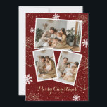 Cartão De Festividades Red Holiday Merry Christmas Gifts Photo Cards<br><div class="desc">Custom red photo collage Merry Christmas cards featuring snowflakes and gifts. Easily personalize this photo holiday card with your image and text.</div>