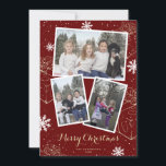 Cartão De Festividades Red Holiday Merry Christmas Gifts Photo Cards<br><div class="desc">Custom red photo collage Merry Christmas cards featuring snowflakes and gifts. Easily personalize this photo holiday card with your image and text.</div>