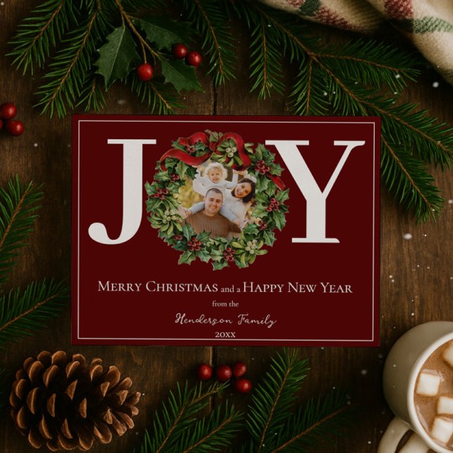 Cartão De Festividades Red Joy Christmas Wreath Photo (Red Joy Christmas Wreath Photo Holiday Card)